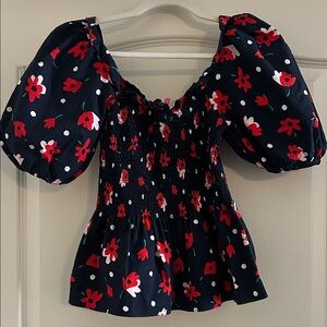 Kate Spade Floral Puff Sleeve Blouse - Black and Red